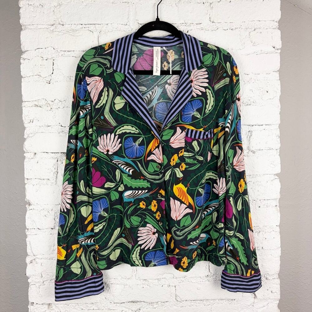 Anthropologie Megan Galante Floral Long Sleeve Button Striped Pajama Top Medium